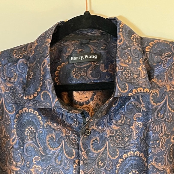 Barry.Wang Men’s Blue & Gold Long Sleeve Silk & Polyester Dress Shirt 4XL - Picture 5 of 11